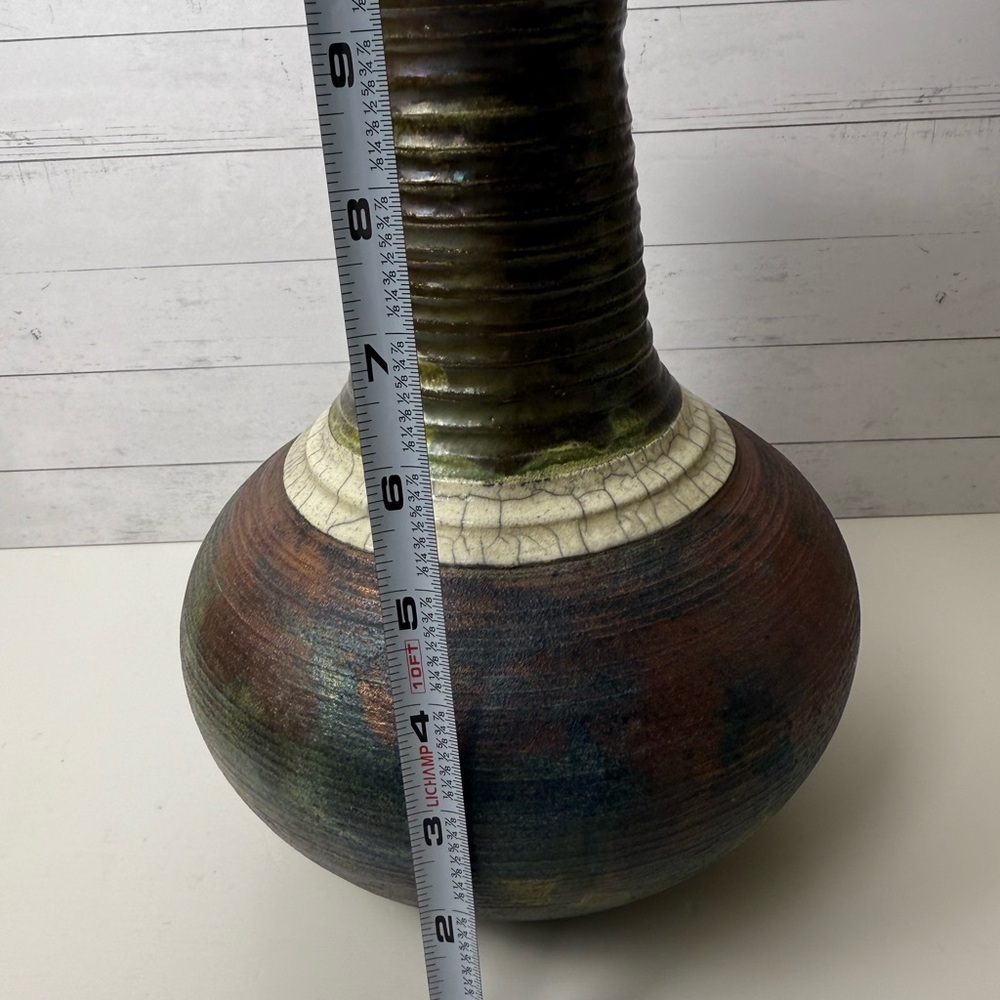 Vintage Raku Pottery Flower Vase 9.5” By Sergio Naduville SIGNED - Picture 7 of 8